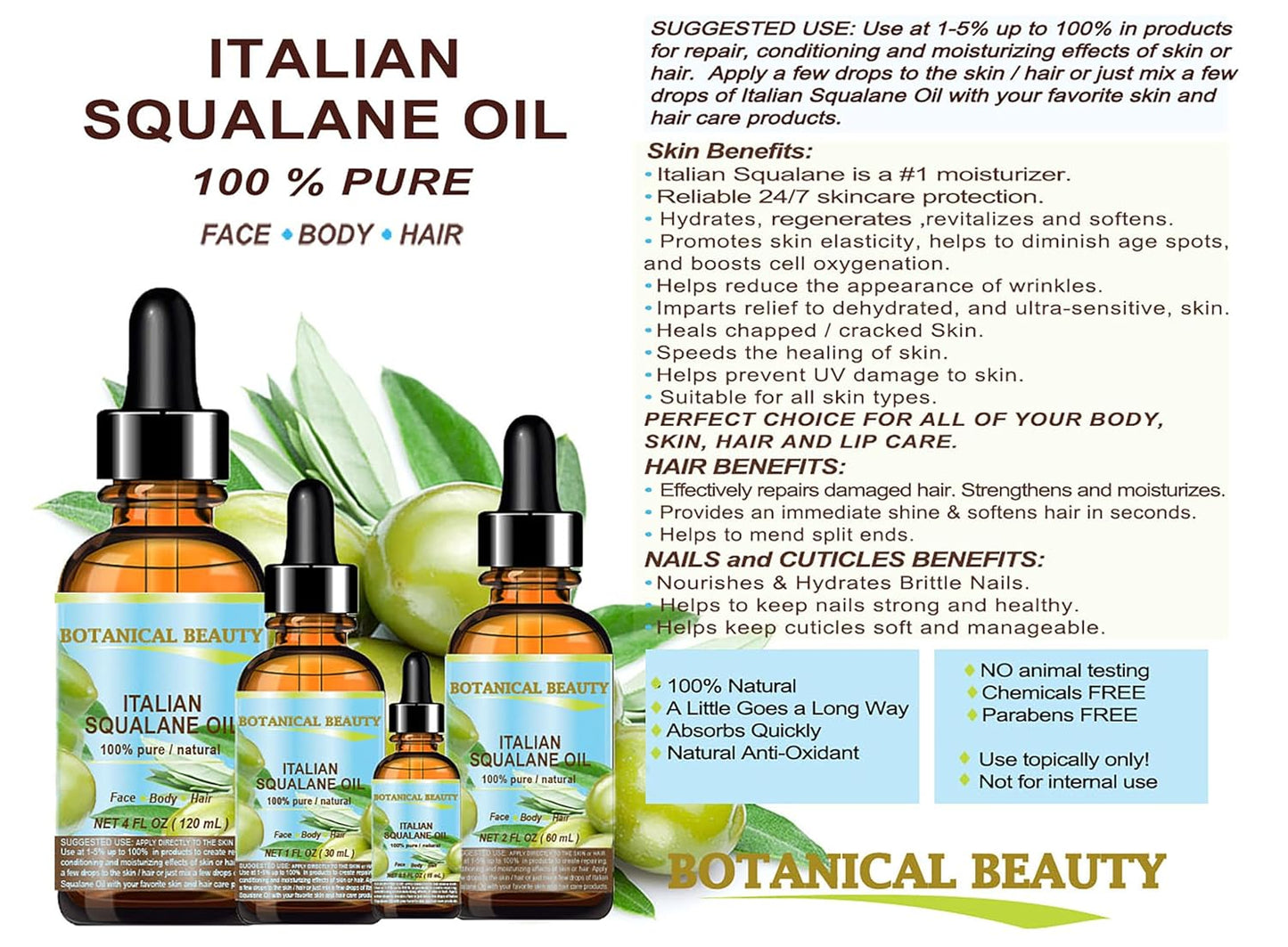 SQUALANE Italian Olive. 100% Pure Natural Undiluted Oil. 2 fl.oz- 60ml. 100% Ultra-Pure Moisturizer for Face, Skin, Body, Hair. Reliable 24/7 skincare protection