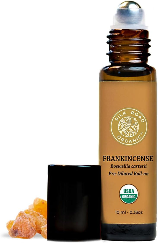 Silk Road Organic Frankincense Carterii Essential Oil Roll On, 100% Pure USDA Certified Aromatherapy for Radiant Skin, Body Aches, Stress Relief, & Calm - 10 ml Roller