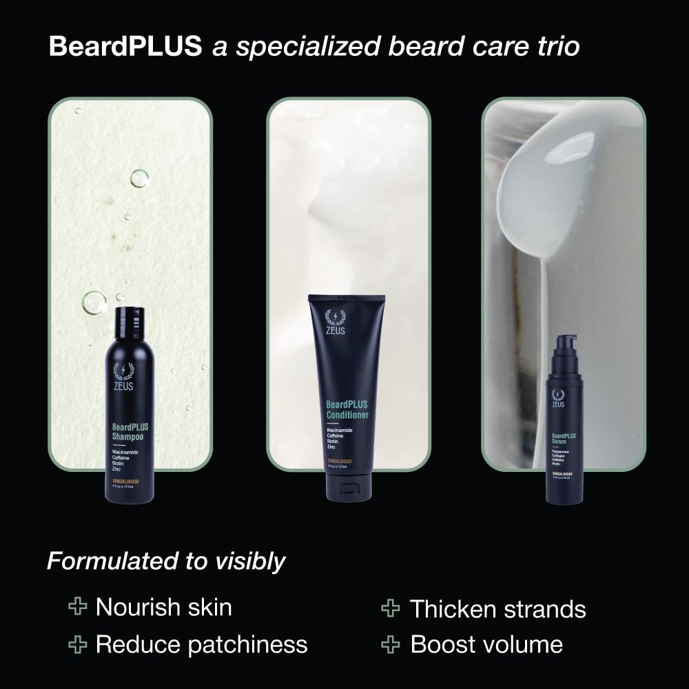 ZEUS BeardPLUS Essential Beard Growth Set for Men, Hair Growth Treatment, Shampoo, Conditioner & Serum for Thicker & Stronger Facial Hair with Biotin & Caffeine (Made in USA) 3-Piece Set
