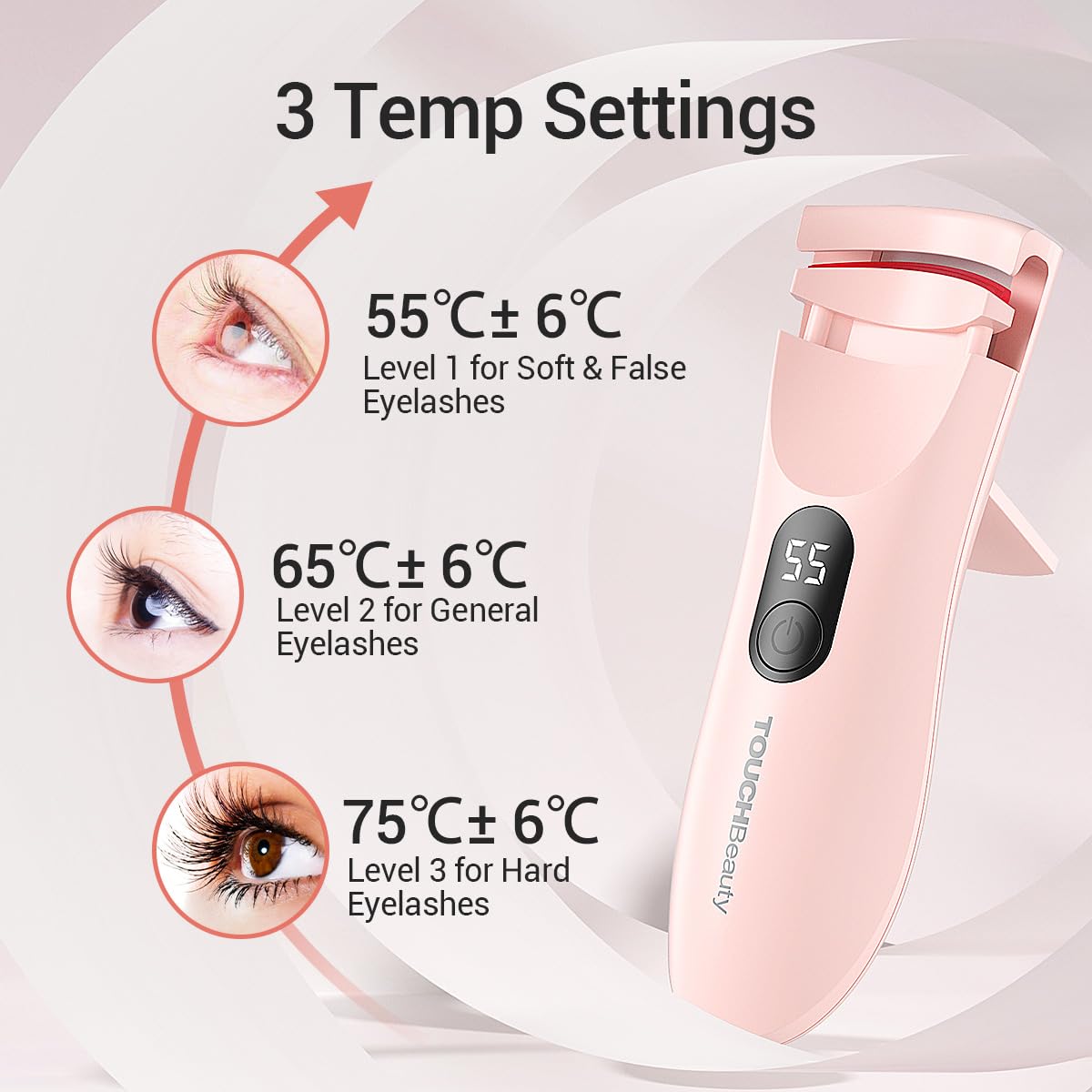 TOUCHBeauty Rechargeable Heated Eyelash Curler with LED Display, Featuring 3-Level Adjustable Temperature for a Natural, Long-Lasting Curl (Up to 24 Hours) AG-2316-Pink