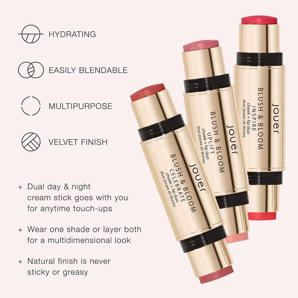Jouer Blush & Bloom Cheek + Lip Duo - Hydrating Cream Blush Stick for Lip and Cheek Tint - Moisturizing Rose Hip and Squalane Oil Formula, Celebrate