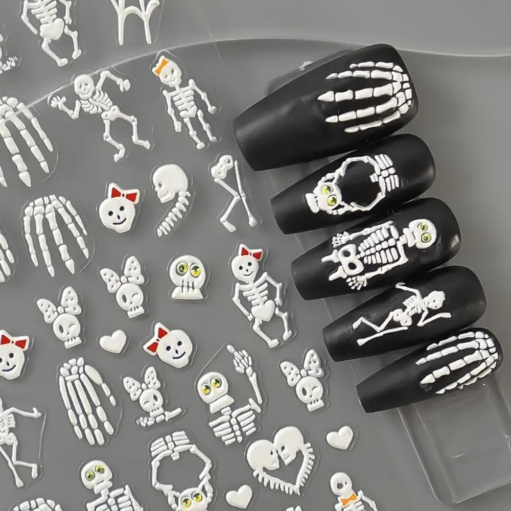 2 Sheets Halloween 5D Embossed Nail Art Stickers - Skeleton, White Skull Nail Stickers with Spider Web Heart Design - Self-Adhesive Horror Decals for Women - Art Supplies and Decorations
