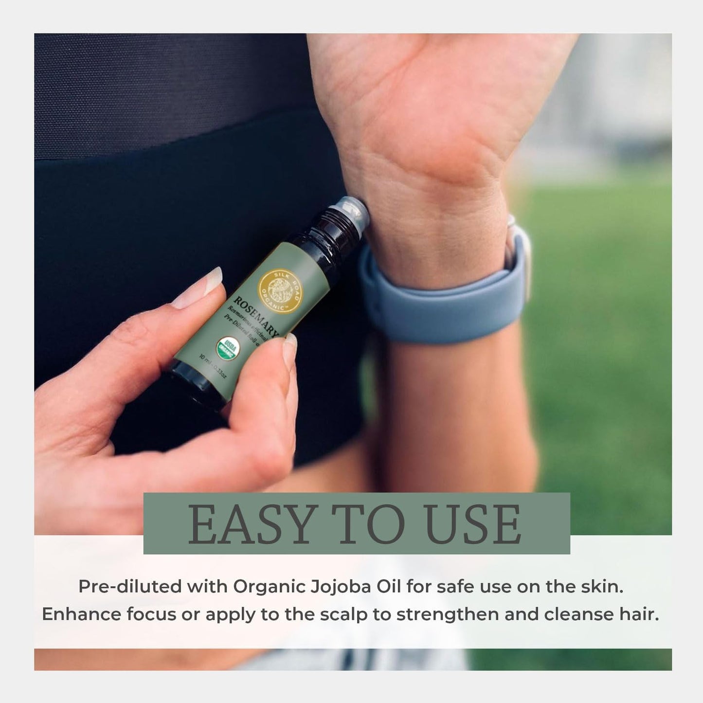 Silk Road Organic Rosemary Essential Oil & Jojoba Roll On, 100% Pure USDA Certified Aromatherapy to Improve Memory & Focus & Hair Health - 10 ml Roller