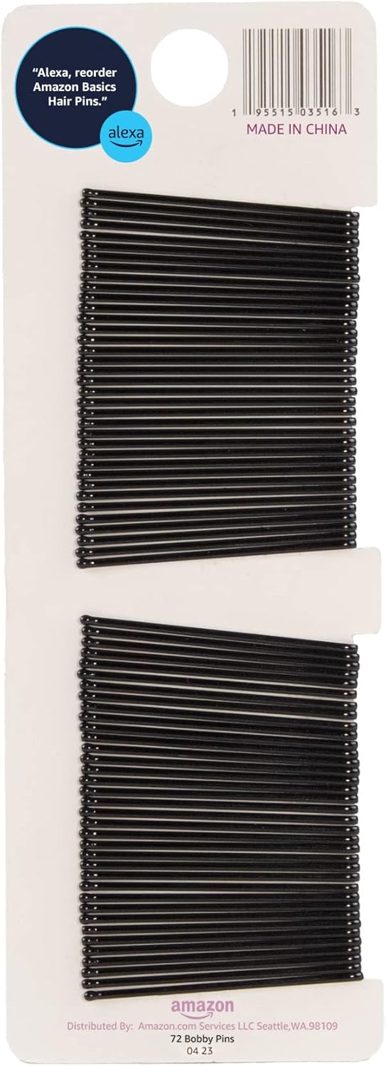 Amazon Basics Bobby Pins, Black Hair Pins for all Hair types, 72 Count