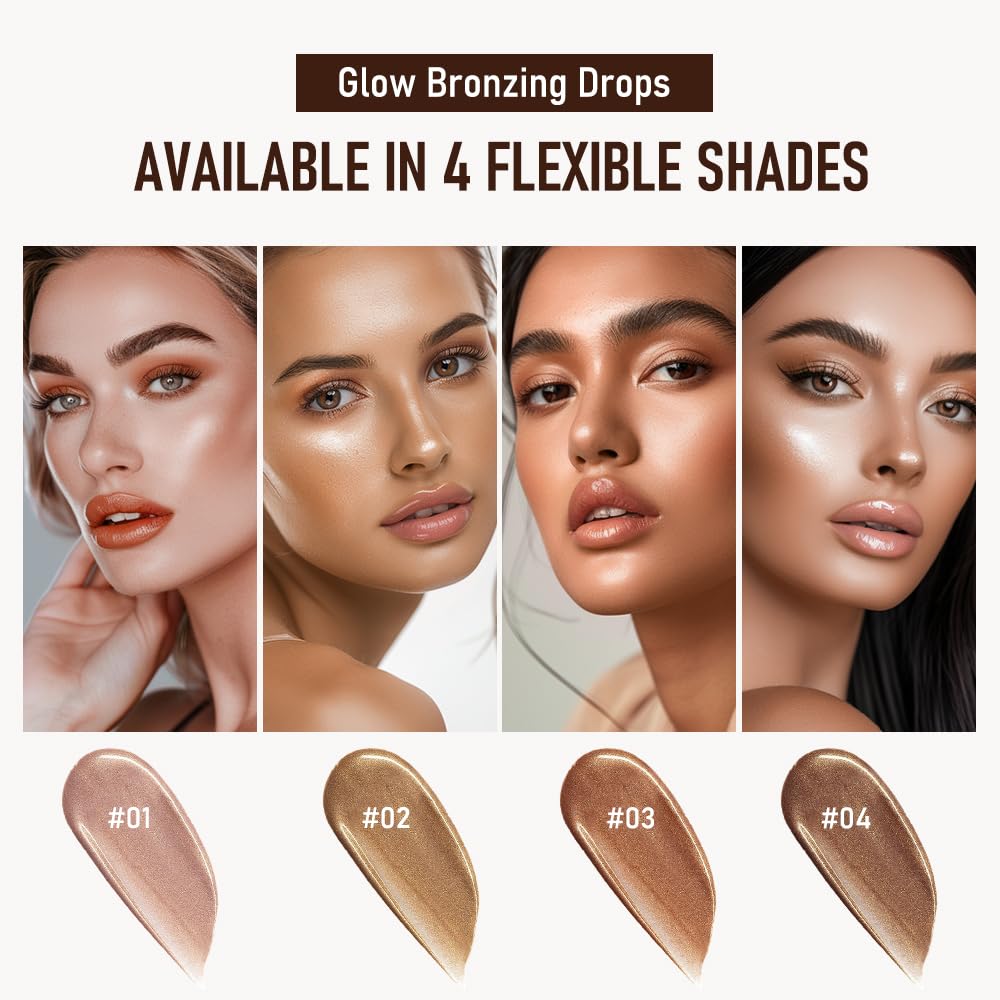 Bronzing Drops For Face, Liquid Bronzer Glow Drops, Face Body Shimmer Glow Illuminator, Nourishing Skincare Bronzer Shimmer Oil, Waterproof Moisturizing Body Highlighter(04 Rich Bronze Glow)