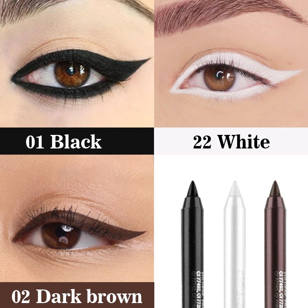 evpct 3Pcs Black & Dark Brown & White Gel Glitter Matte Metallic Eyeliner Pencils Set for Women Waterproof Smudge Proof lapiz de ojos delineador de ojos contra el agua Eye Liner Makeup 01 02 22