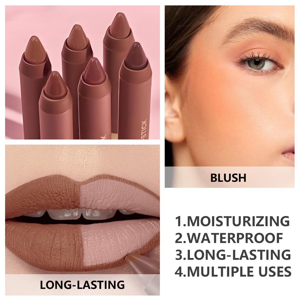 Matte Lipstick Crayon for Women, Light Brown 24 Hour Lipstick Lip Liner Pencil, Neutral Lip Stick Lipliner Long Lasting Waterproof Smudge Proof, Vegan & Cruelty-Free, 01