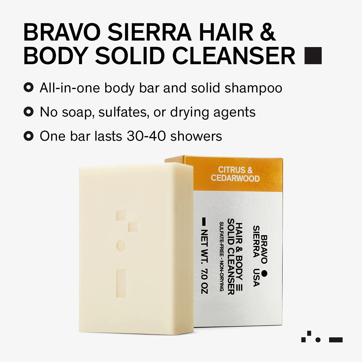 Bravo Sierra All-In-One Citrus & Cedarwood Men's Body and Hair Bar, 3-Pack - Coconut, Shea Butter & Oat Flour for Soft Skin & Healthy Hair, 7 oz