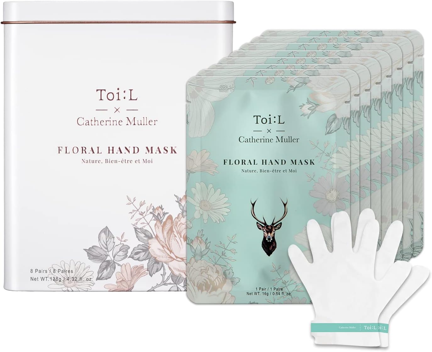 Catherine Muller Floral Hand Mask 8 Pairs, Moisturizing Gloves for Dry Hands with Elder Flower & CICA, Repairing and Nourishing Hand Care Treatment for Cracked, Rough, and Dry Skin