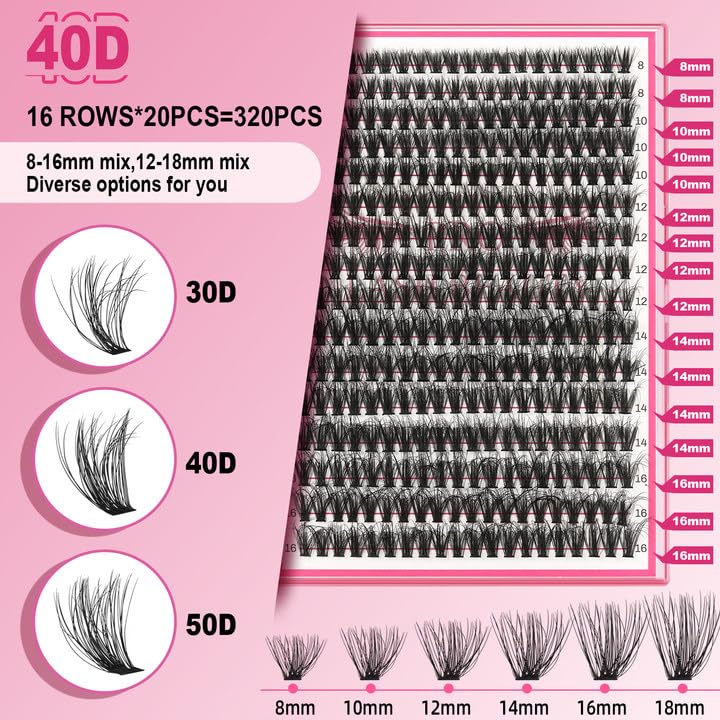 Lash CIusters 320Pcs Individual Lashes 3D Fluffy Cluster Lashes Natural Look Eyelash Clusters Faux Mink Wispy Lashes 40D-D Mixed DIY Lash Extension (3D Fluffy-40D-D,8-16mix)