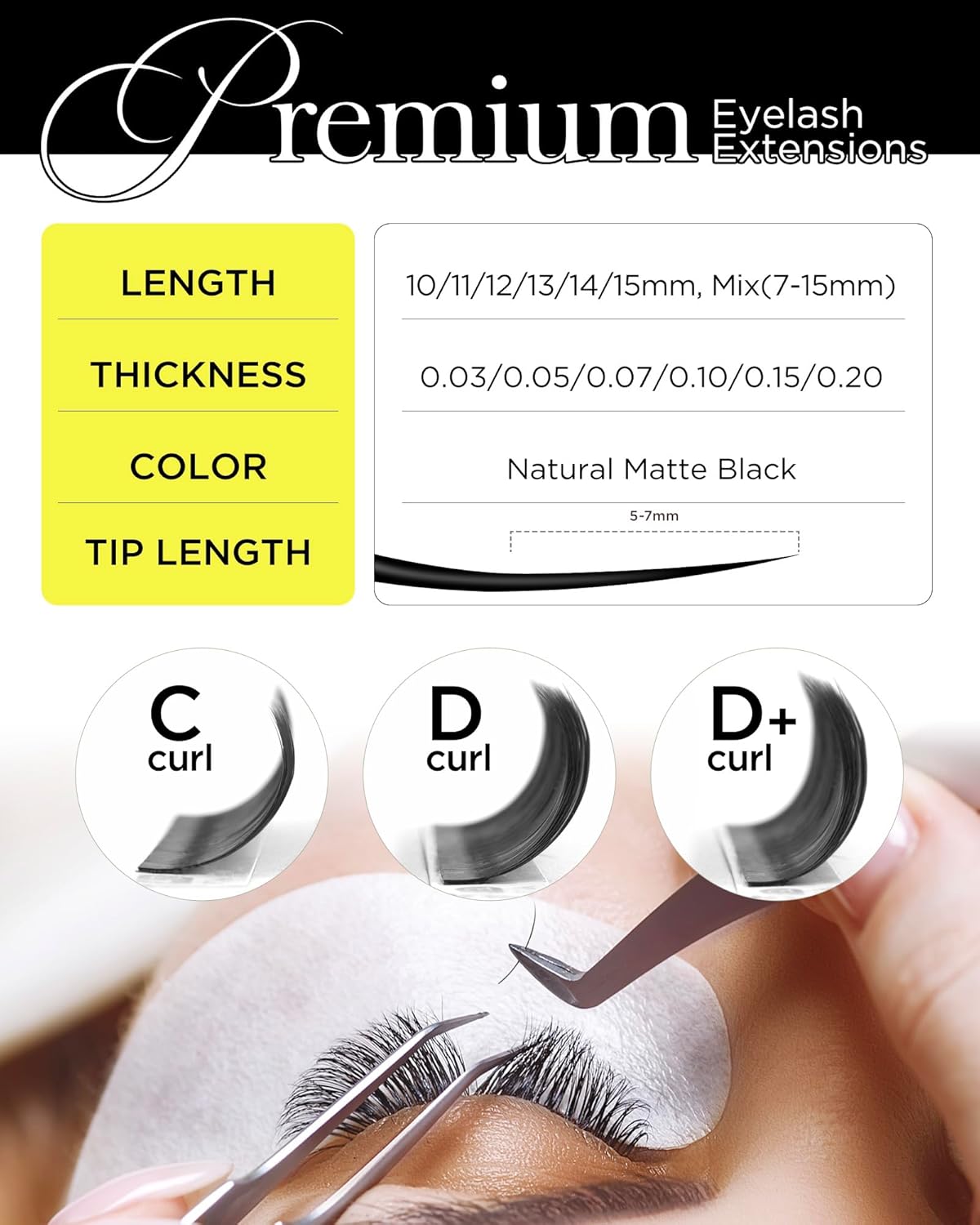 BEYELIAN Eyelash Extension 0.07 C Curl 10mm Tray Easy Fan Lash Extensions Volume Lashes 100°/212°F High Temperature Resistant Classic Professional Use Natural Matte Black (0.07 C 10mm)