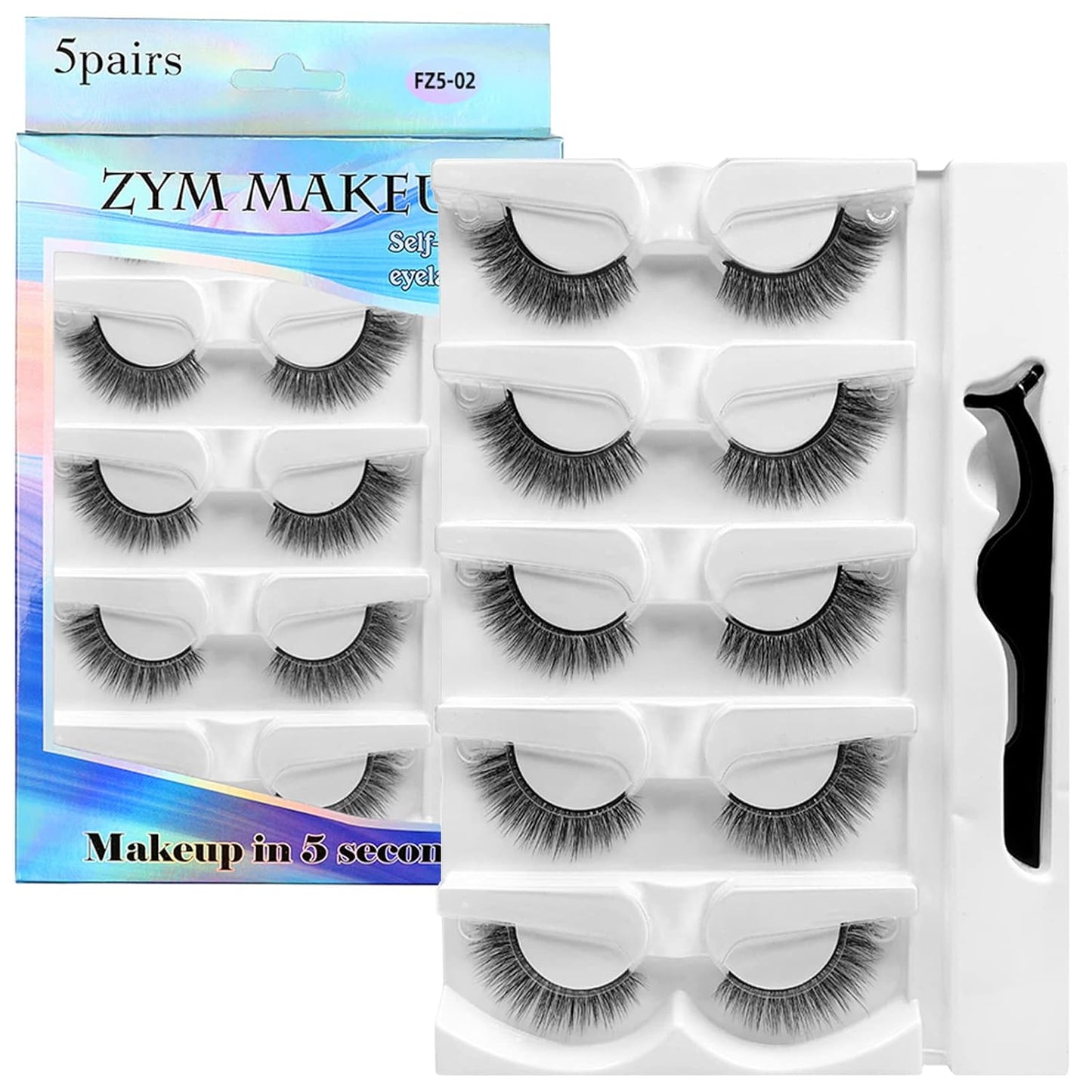 Self Adhesive Eyelashes Natural Look False Eyelashes Reusable Self Stick Lashes, No Glue Needed, 5 Pairs Long