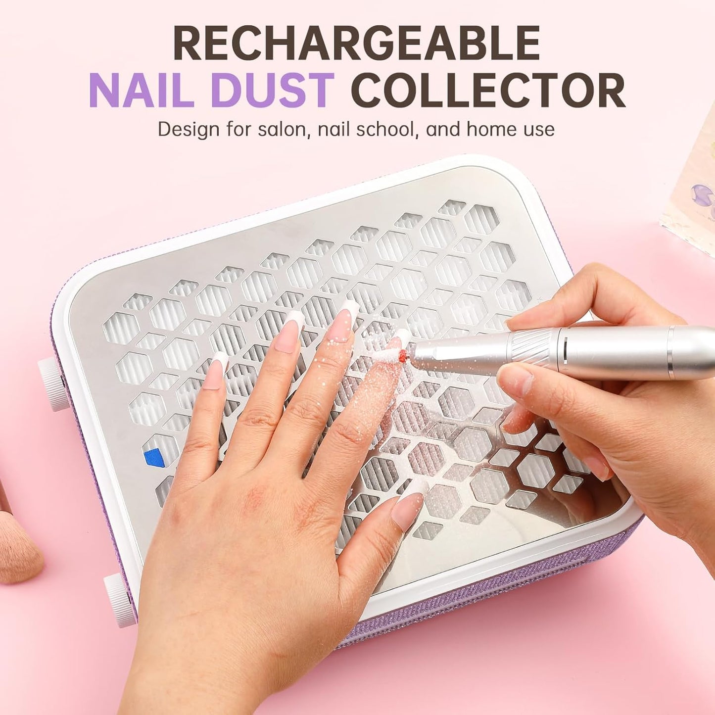 Nail Dust Collector, Rechargeable Dust Collector Nail Tech, Powerful Vacuum Fan Vent Dust Collector Extractor Dust Suction Machine for Acrylic Nails Polishing, Nail Salon&Home,Purple