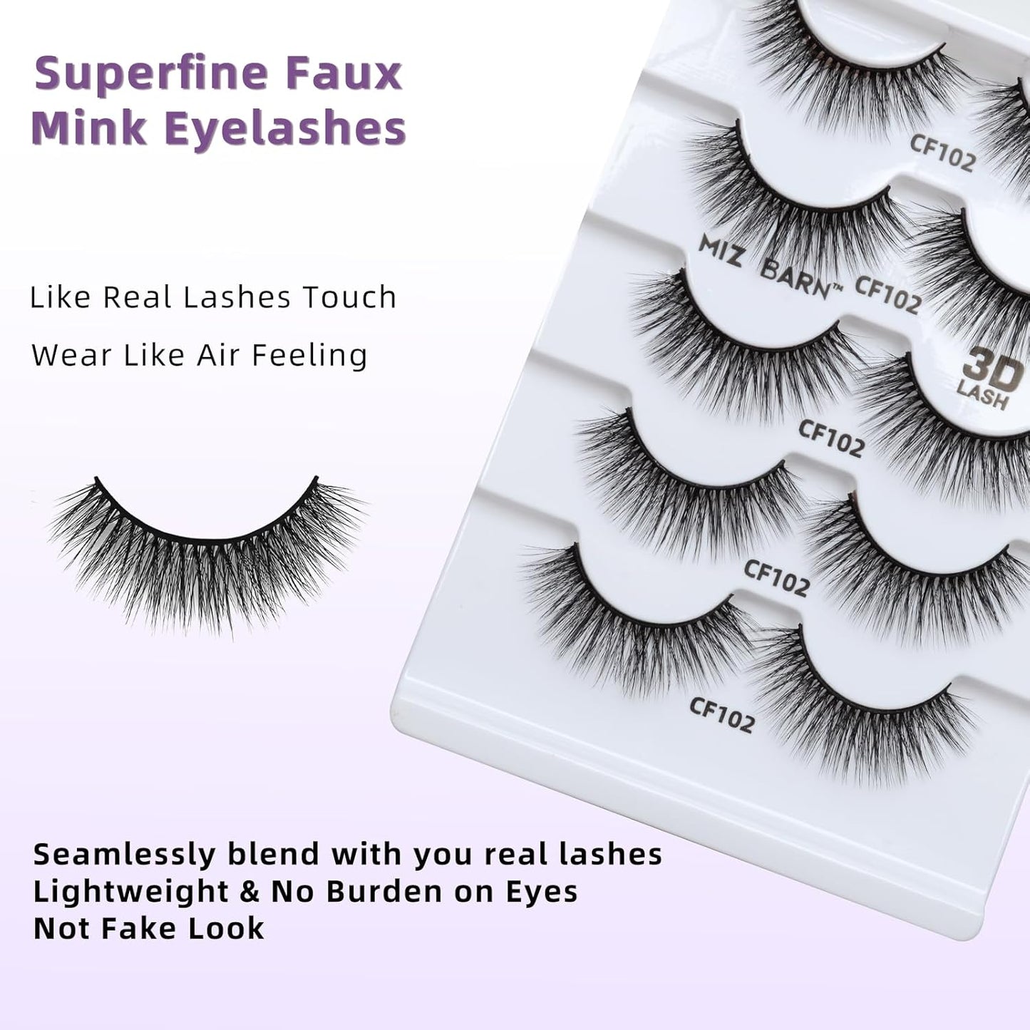 Miz Barn Lashes 5 Pairs Cat Eyes Wispy Lightweight Natural 3D Cashmere Soft Long Extension Eyelashes Pack Handmade Luxurious Volume Fluffy False Eyelashes (CF102)