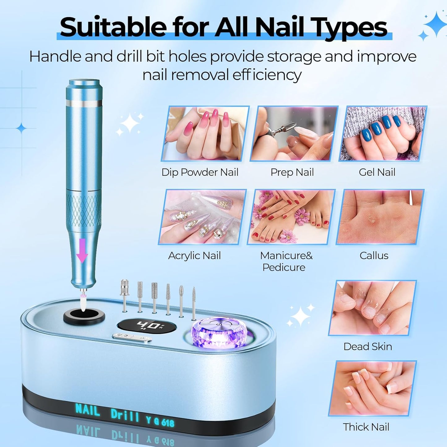 Electric Nail Drill Professional: 40000RPM Electric Nail File Kit E File Nail Drill Machine with LCD Display for Acrylic Gel Nail, Manicure Pedicure Polishing Nail Grinder for Salon Home Use