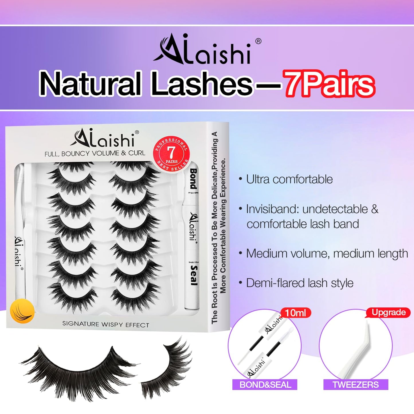 False Eyelashes Kit With Bond, Seal and Tweezer, 7 Pairs Fluffy Natural Look Fake Cat Eye Lashes Strips Thin Band Extensions Waterproof Easy Eyelashes for Beginners DF64