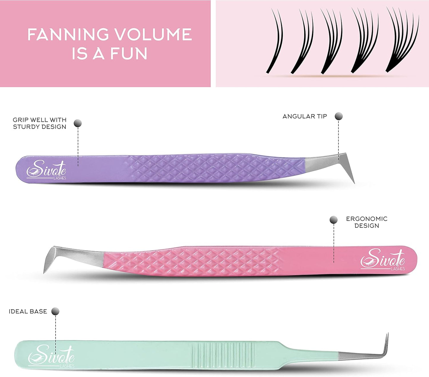 SIVOTE Lash Tweezers for Eyelash Extensions, Set of 3 - Volume, Volume Boot, Slim 90 Degree Tweezers with Fiber Tips in Pastel Colors, Ideal for Mega, Volume & Russian Lashes - Includes Leather Pouch