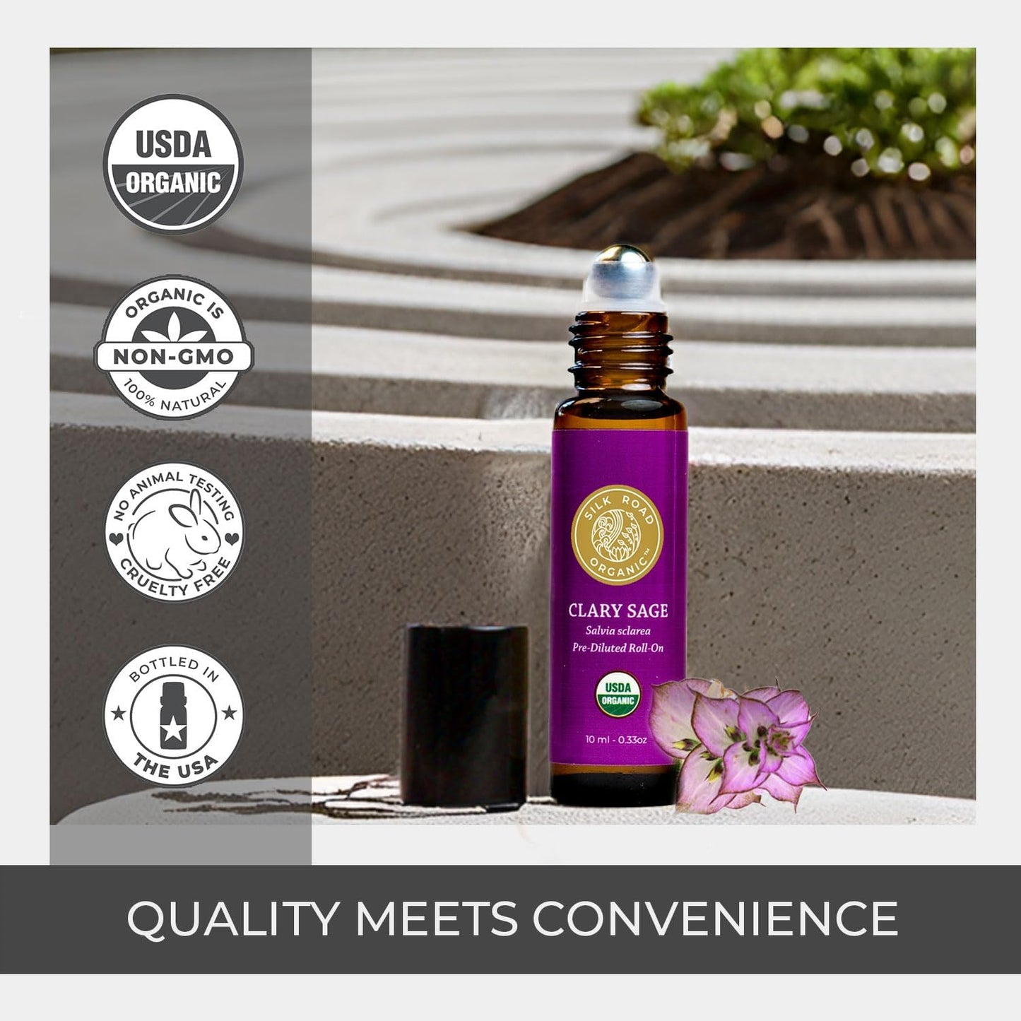 Silk Road Organic Clary Sage Essential Oil Roll On, 100% Pure USDA Certified Aromatherapy for PMS, Stress & Mental Clarity - 10 ml Roller - Always Pure, Always Organic