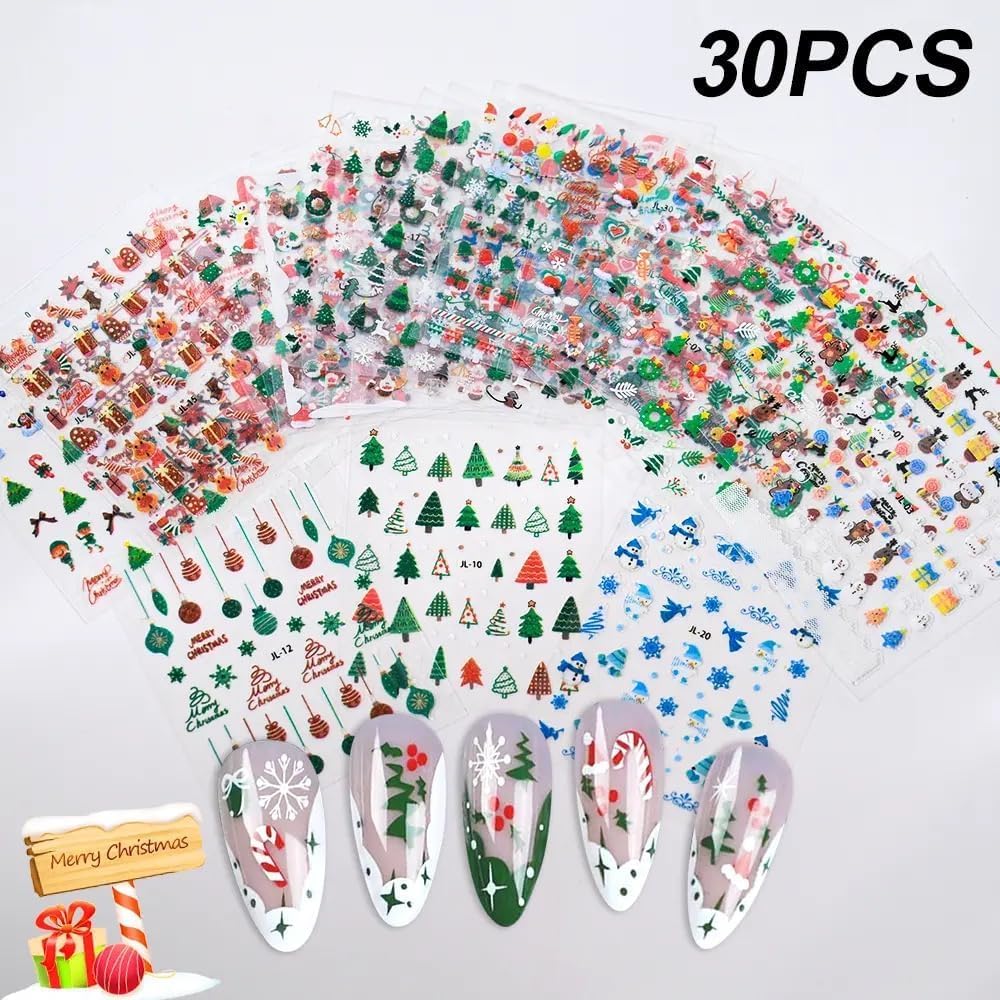 30 Sheets Christmas Nail Art Stickers 3D Self- Adhesive Snowflake Nail Charms Decals White Red Christmas Nail Decorations Accessories Supplies