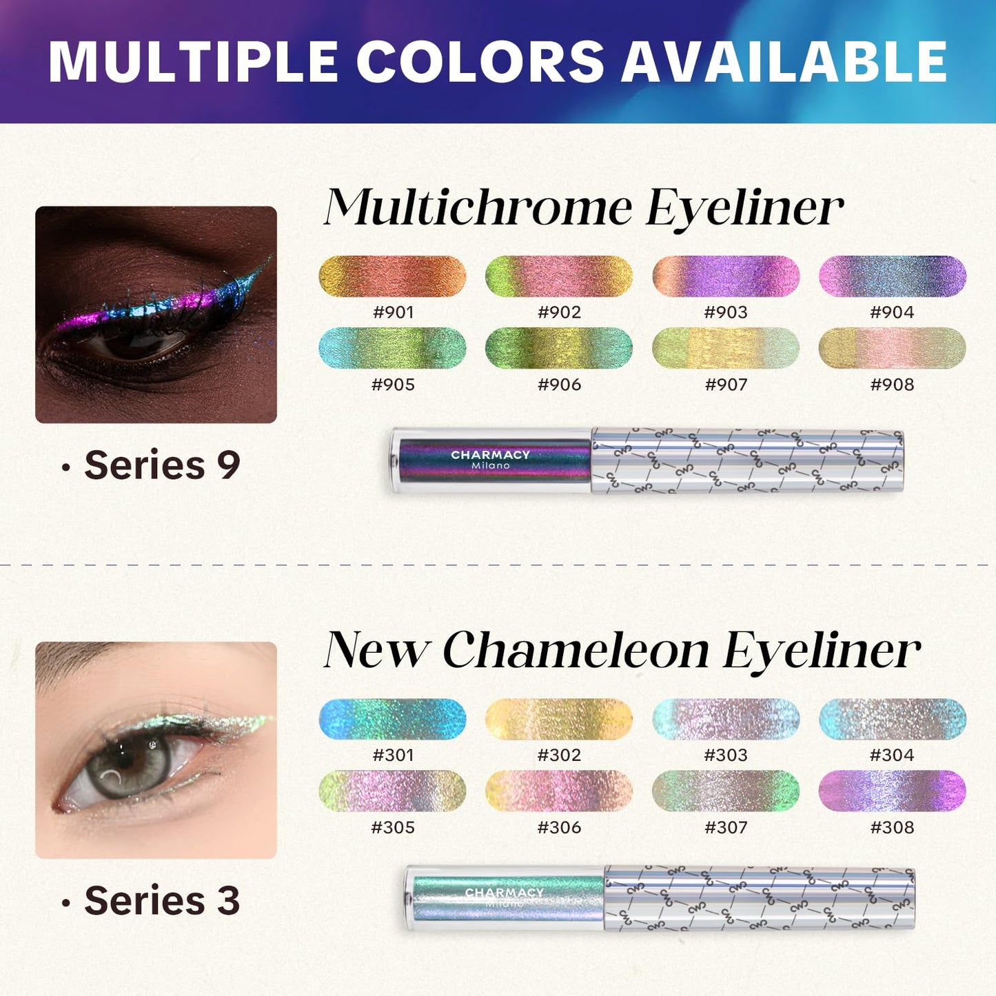 CHARMACY Chameleon Liquid Eyeliner, Liquid Glitter Eyeliner, Highly Pigmented, Metallic Intense MultiColor Shifting waterproof Eyeliner, Ultra-Fine Tip, Longwearing, Smudge-proof (#SET1-901/904/907)