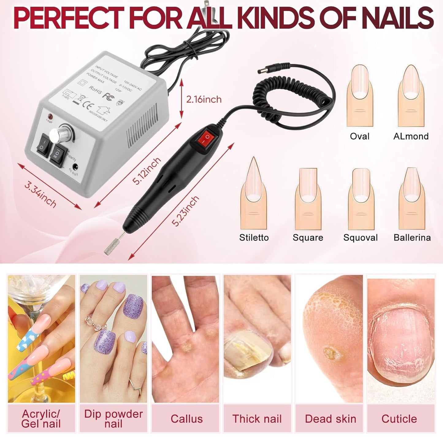 Professional Electric Nail Drill Machine Nails File Manicure Pedicure Set for Acrylic Gel Dip Powder Art Shape Remover Tool Polisher Grinder Low Noise with 6 Drill Bits 156pcs Sanding Bands