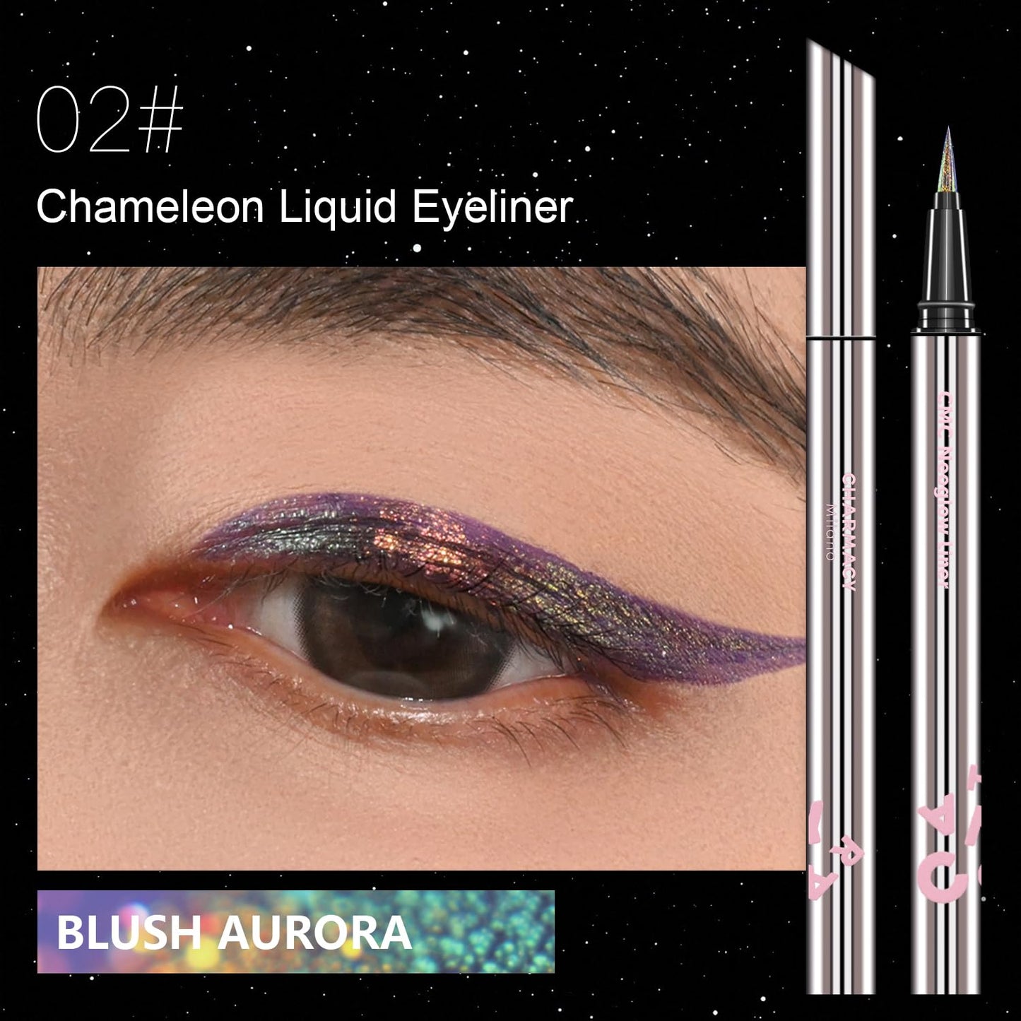 CHARMACY New Chameleon Liquid Eyeliner, Liquid Glitter Eyeliner, Highly Pigmented, Metallic MultiColor Shifting waterproof Eyeliner, Ultra-Fine Tip, Longwearing, Smudge-proof (A02 Mystic Mirage)