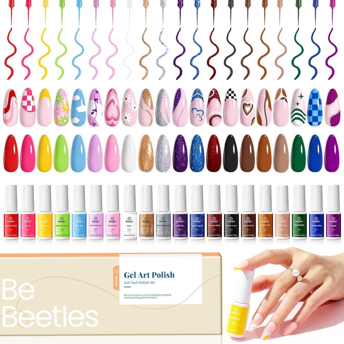 Beetles French Tip Gel Liner Nail Polish Set- 20 Colors Nail Art Polish Brown Glitter Pink Blue White Red Purple Swirl Gel Nails Polish Nails Art Painted Build in Thin Brush Manicure Gifts for Women