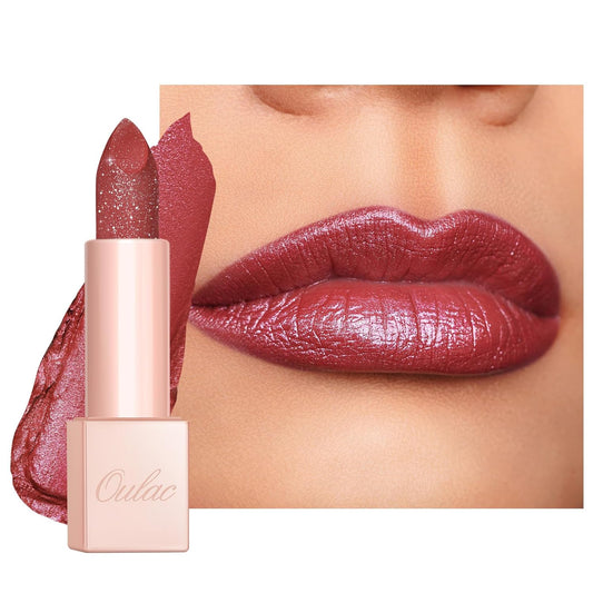 Oulac Shimmer Lipstick for Women, Infinity High Shine Finish, Hydrating Lip Color Infused with Damask Rose Oil for All-Day Comfort, Gluten-Free Vegan Beauty, D04 Brunt Rose