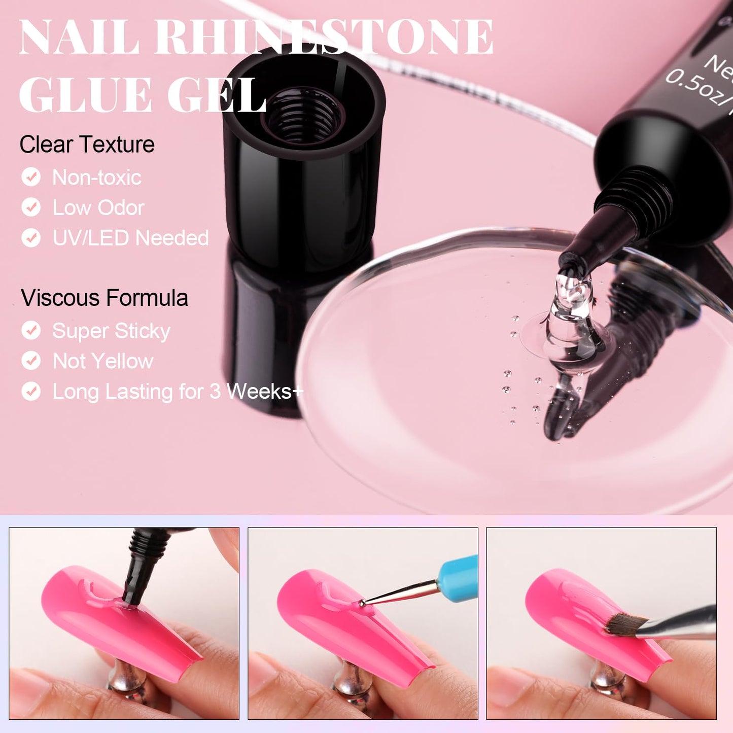 3D Flowers, Manicure Kit with Gel Glue, White Pink Acrylic Flower Nail Charms with Caviar Beads, Rhinestones + Gem Glue for Nails (UV/LED Needed) with Dotting & Pickup Tools