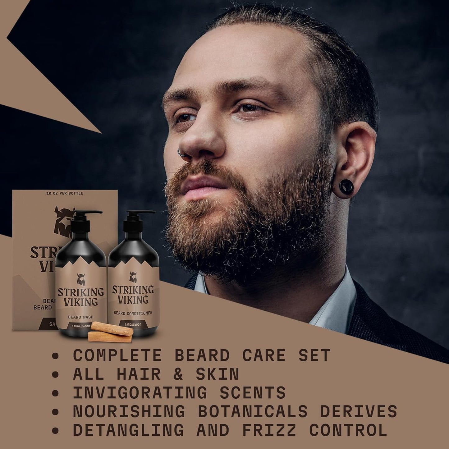 Striking Viking Beard Care Set (Sandalwood) - Paraben & Sulfate Free Shampoo with Jojoba Oil - Deep Clean for All Beard Types (10oz Per Bottle)