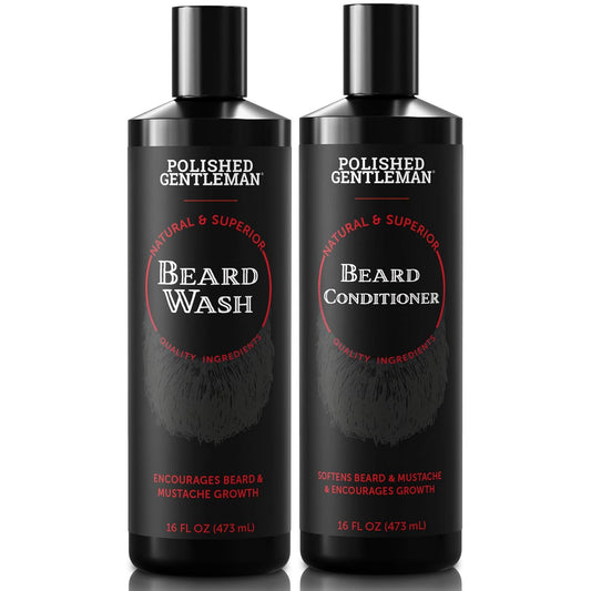 Polished Gentleman Beard Wash and Conditioner Set - Softens and Strengthens - Beard Shampoo with Growth Oil - Moisturizer & Beard Thickener - Tea Tree Unscented - Paraben-Free & Sulfate-Free (16oz)