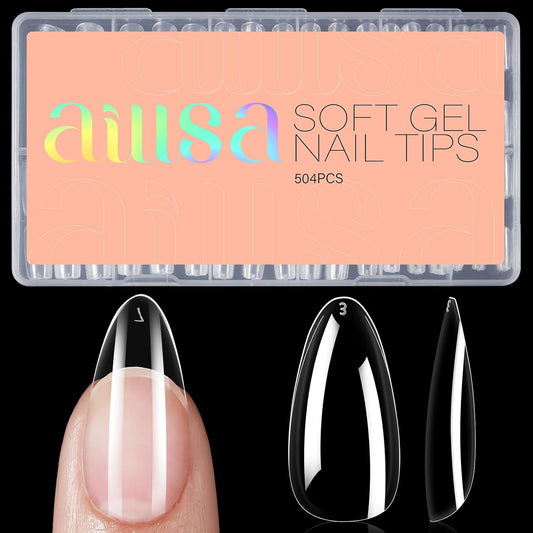 AILLSA Almond Nail Tips 504pcs Clear Nails Tips Gel Full Cover Nails Tip Medium Almond Shaped Fake Soft Nails for Press on Nail Extensions Home DIY Nails Salon- X (12 Sizes)