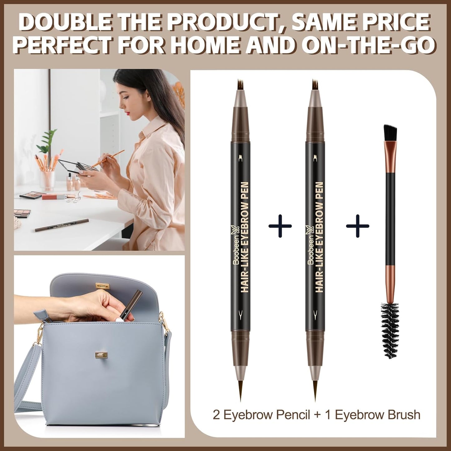 Boobeen 2pcs Waterproof Eyebrow Pen，Dual-Ended Eyeliner Microblading Eyebrow Pencil for Women，Long Lasting Hair-Like Brow Pen with Brow Brush，Dark Brown
