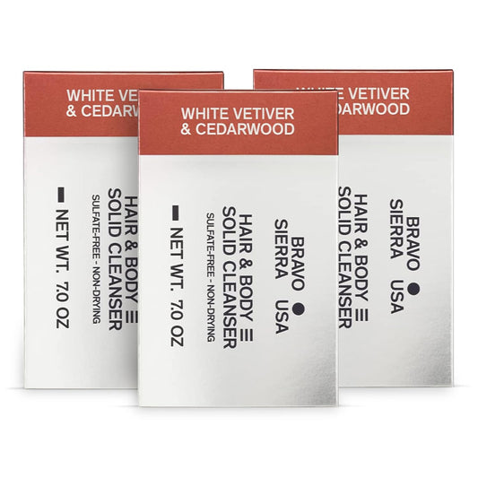 Bravo Sierra Body and Hair Shampoo Bar All-In-One Mens Solid Cleanser Soap for Face & Body - 3-Pack (White Vetiver & Cedarwood) - Coconut, Shea Butter for Soft Skin & Hair