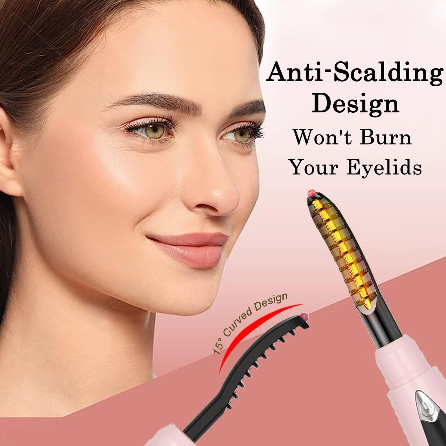 Heated Eyelash Curlers, Heated Lash Curler Rechargeable Eyelash Curler Natural 24 Hours Long-Lasting, Electric Eye Lash Curler Heat with 3 Temp Settings Tool for Girls, Pink