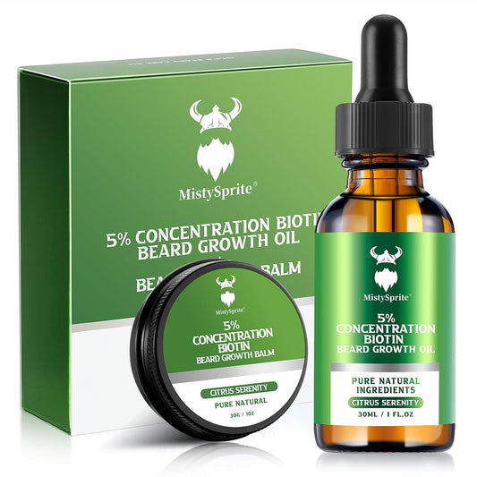 Beard Growth Oil & Beard Balm - Beard Growth Kit with 5% Concentration Biotin for Men, Natural Ingredients with Argan Oil, Jojoba Oil and Vitamin (Citrus Serenity)