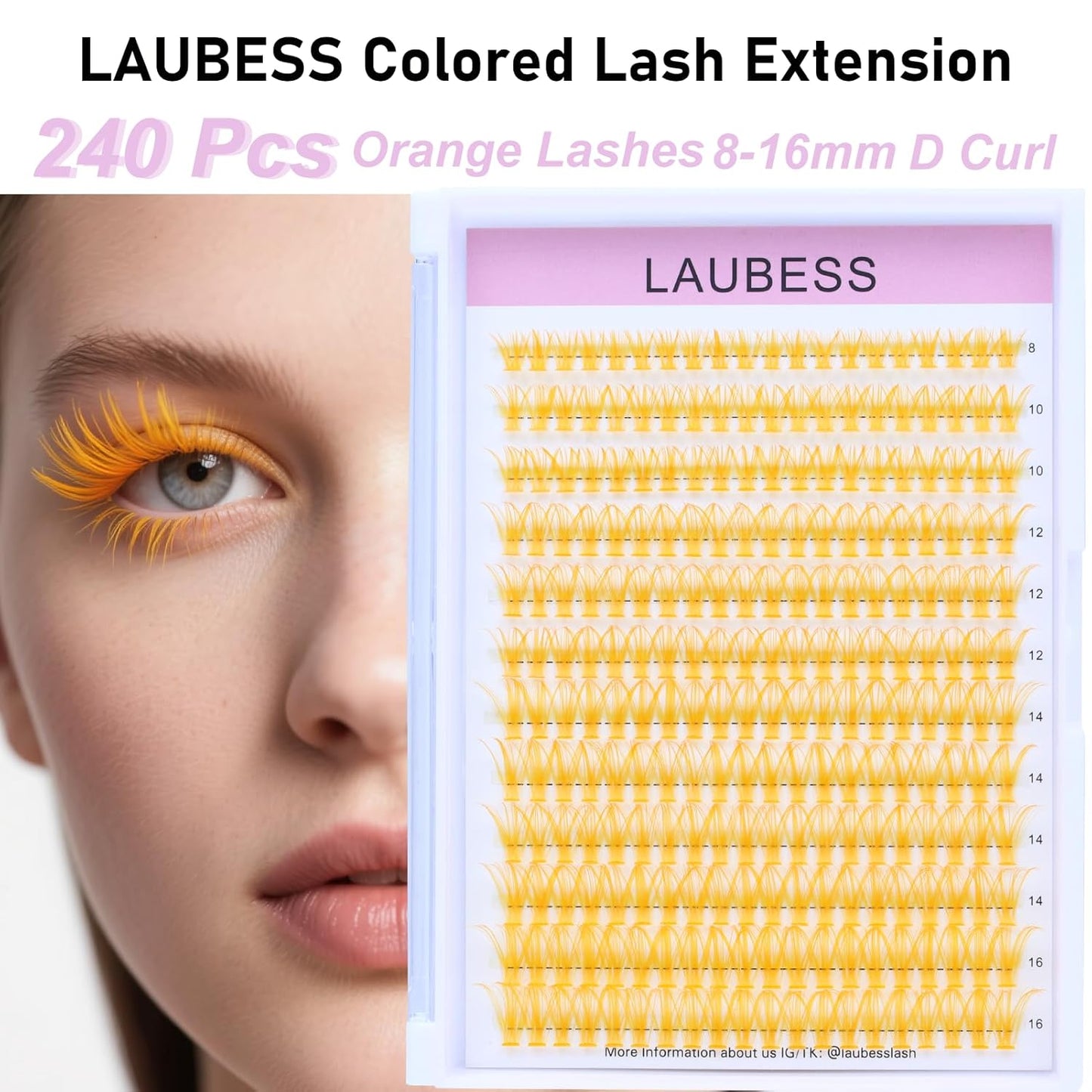 Colored Lash Clusters LAUBESS Orange Colored Eyelash Clusters Wispy Colored Lash Extensions Colorful Lash Clusters Individual Lashes (Orange 40D-0.07D-Mix8-16)