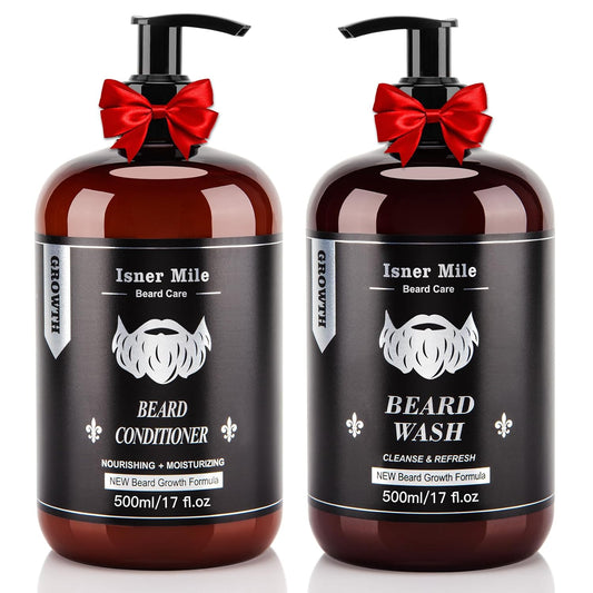 ISNER MILE Beard Wash and Conditioner Set 17 oz New Formula with Biotin Argan & Jojoba Oils Smooth Soften Strengthen Shampoo with Oil Gifts for Men