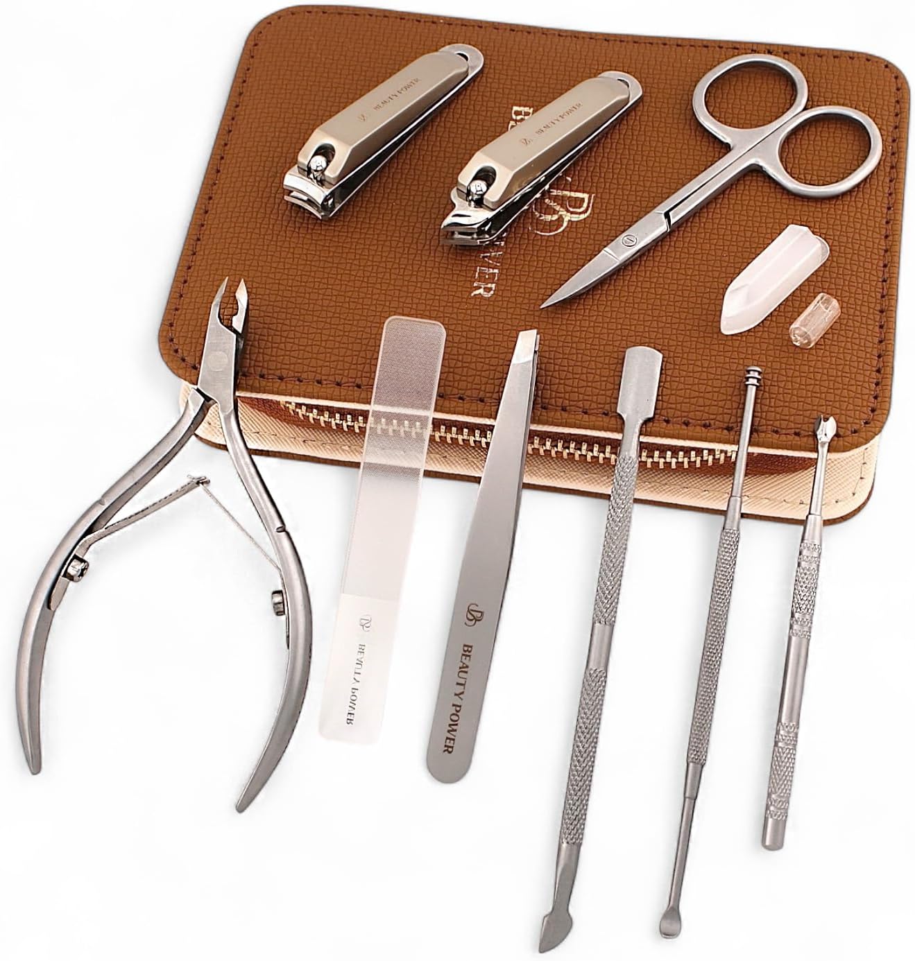 9 in 1 Professional Manicure Pedicure Set - Stainless Steel Nail Clippers, Nano File, Cuticle Nipper, Scissors, Tweezers, Travel PU Leather Case for Men & Women - Gift Ready (Brown)