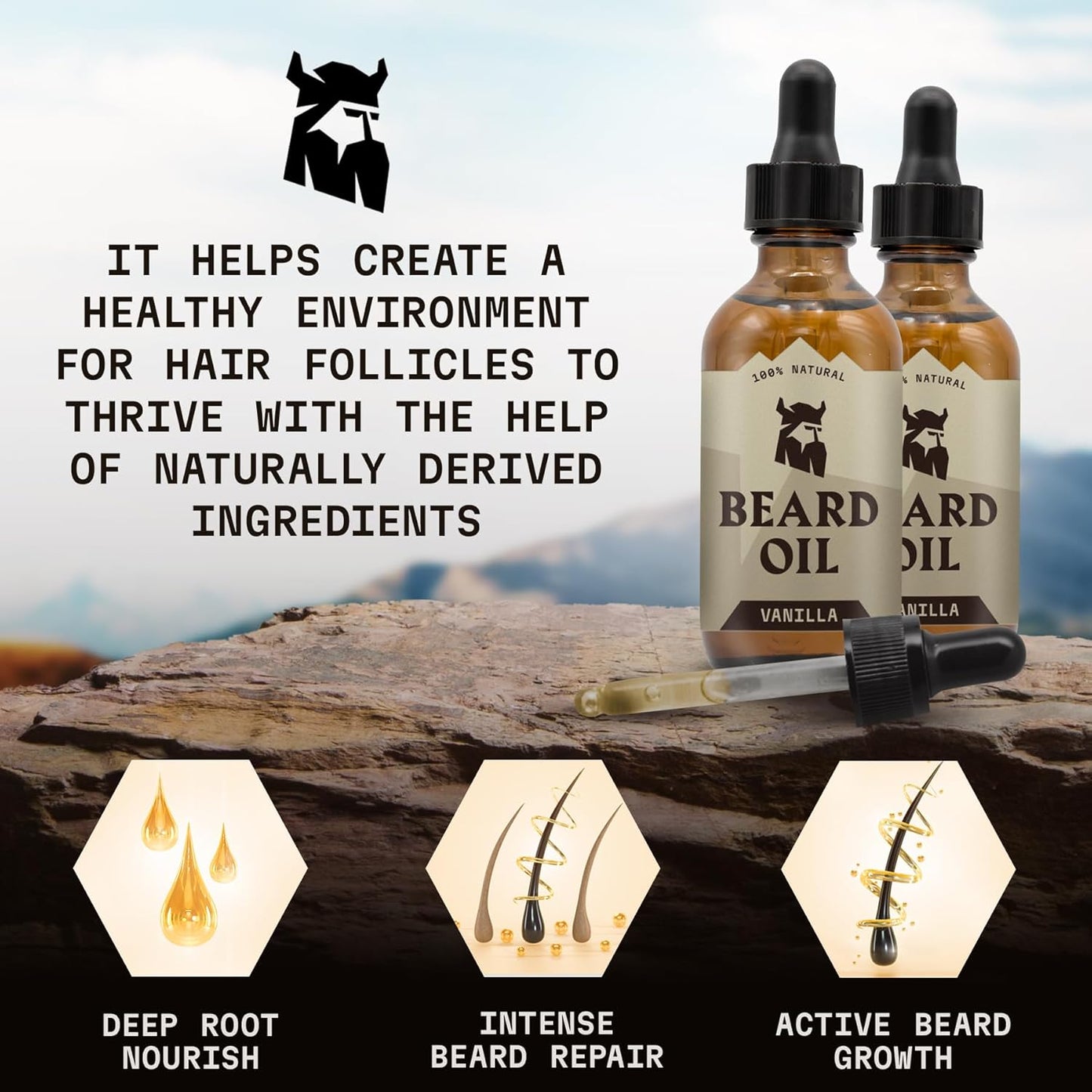Striking Viking Beard Oil for Men - 2 Fl Oz, Pack of 2, Vanilla Scent - Naturally Derived Conditioner with Almond, Tea Tree, Argan & Jojoba Oil for Beard Growth, Softening & Moisturizing