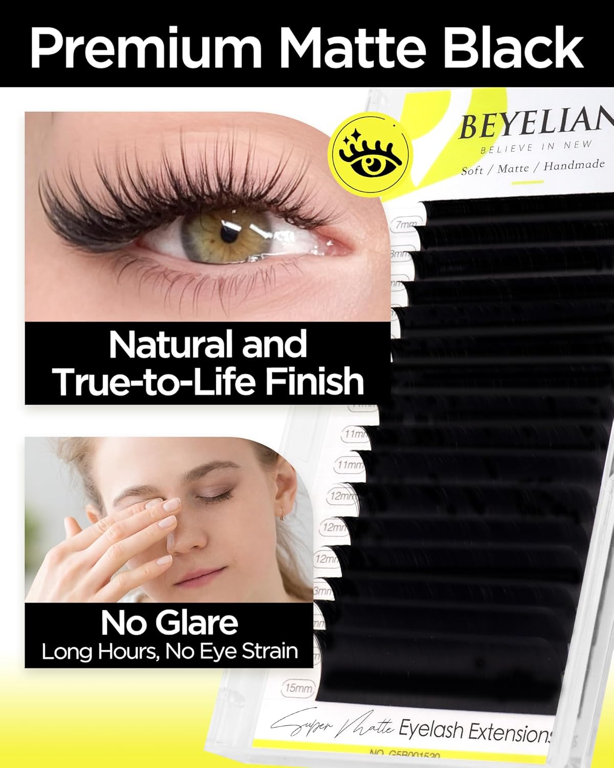 BEYELIAN Eyelash Extension 0.05 C Curl 7-15mm Mixed Tray Easy Fan Lash Extensions Volume Lashes 100°/212°F High Temperature Resistant Classic Professional Use Natural Matte Black (0.05 C 7-15mm Mix)