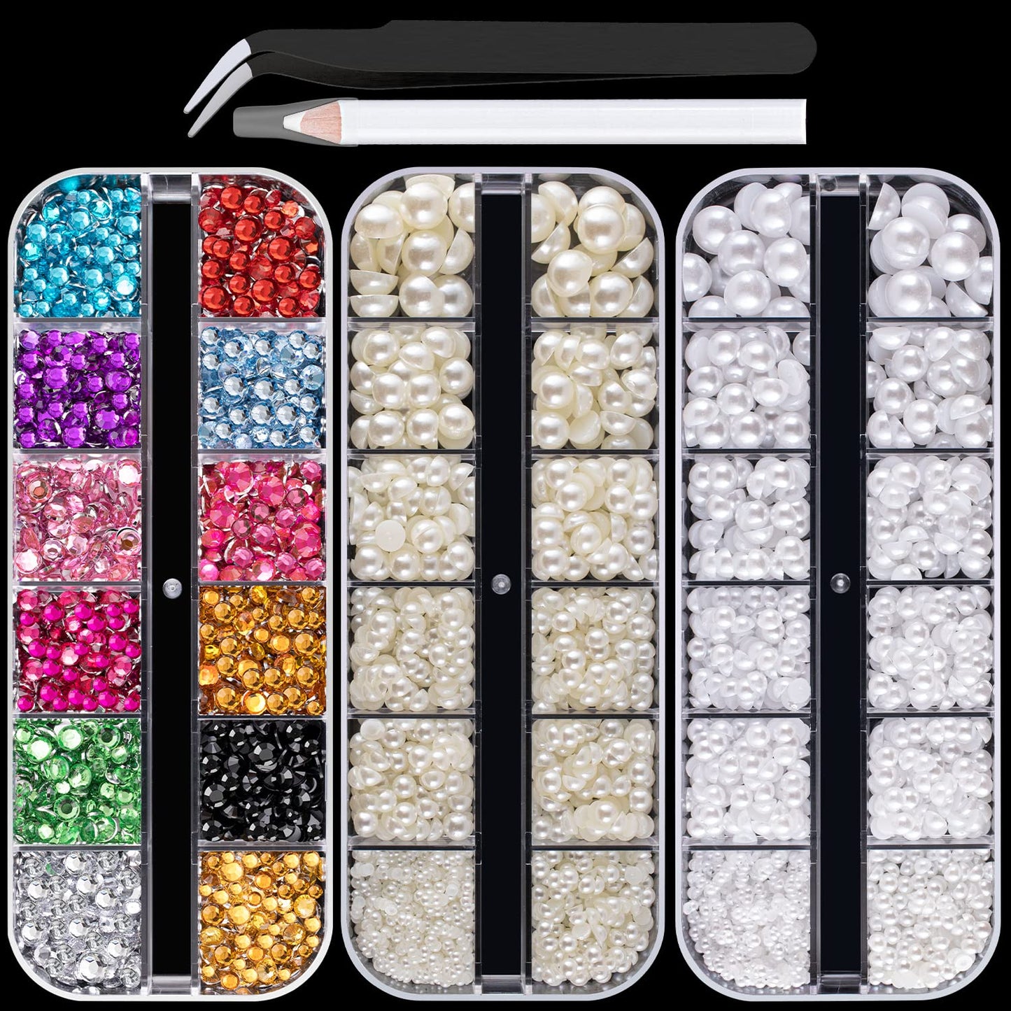Flat Back Rhinestone+Half Round Pearl Kits Colorful Rhinestones+White+Beige Pearls With Picker Pencil And Tweezer For Home DIY And Professional Use