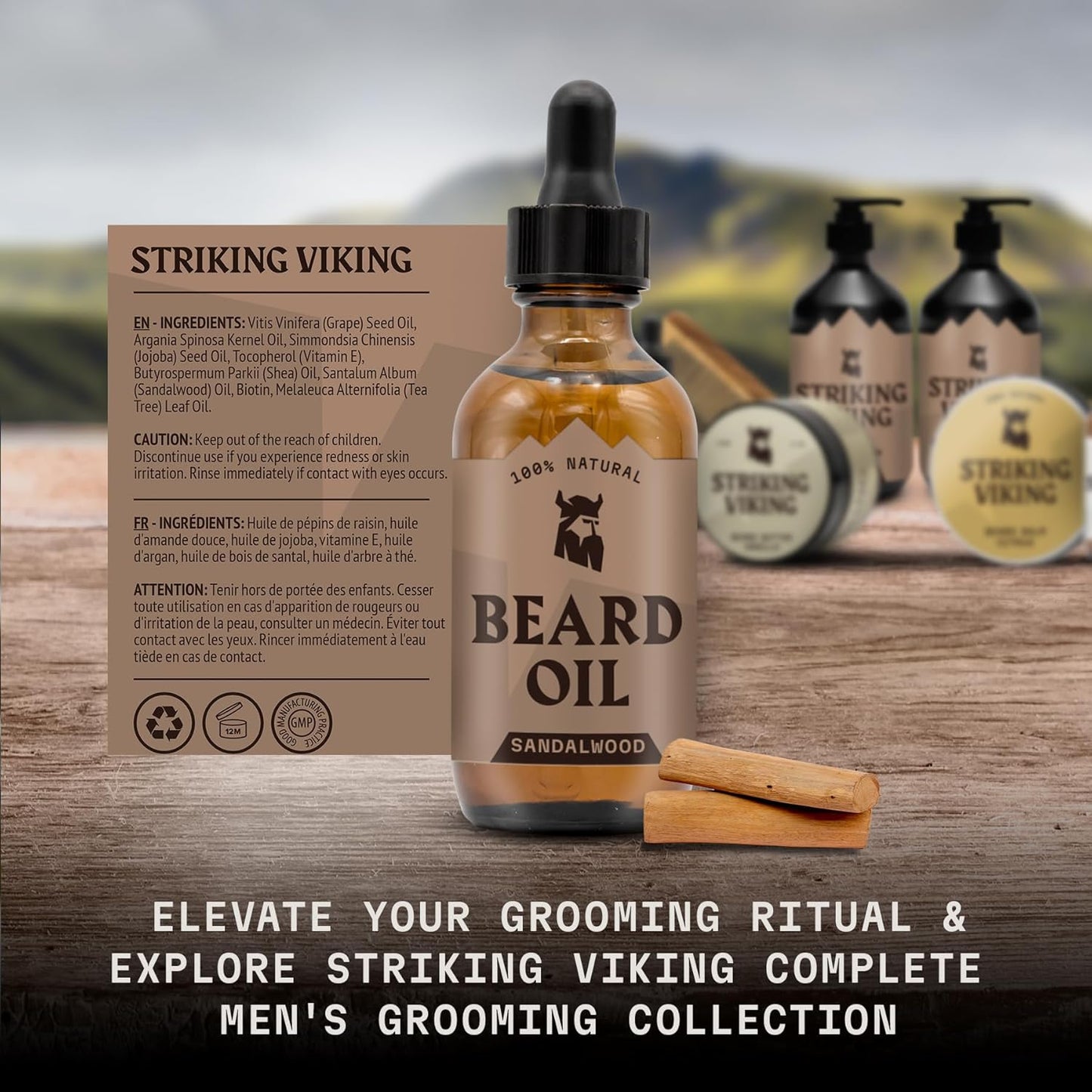 Striking Viking Sandalwood Beard Oil for Men - 2 Fl Oz, Sandalwood Scent - Natural Hydrating & Softening Beard Care with Argan, Jojoba, Almond & Tea Tree - Non-Greasy, Fast-Absorbing Formula