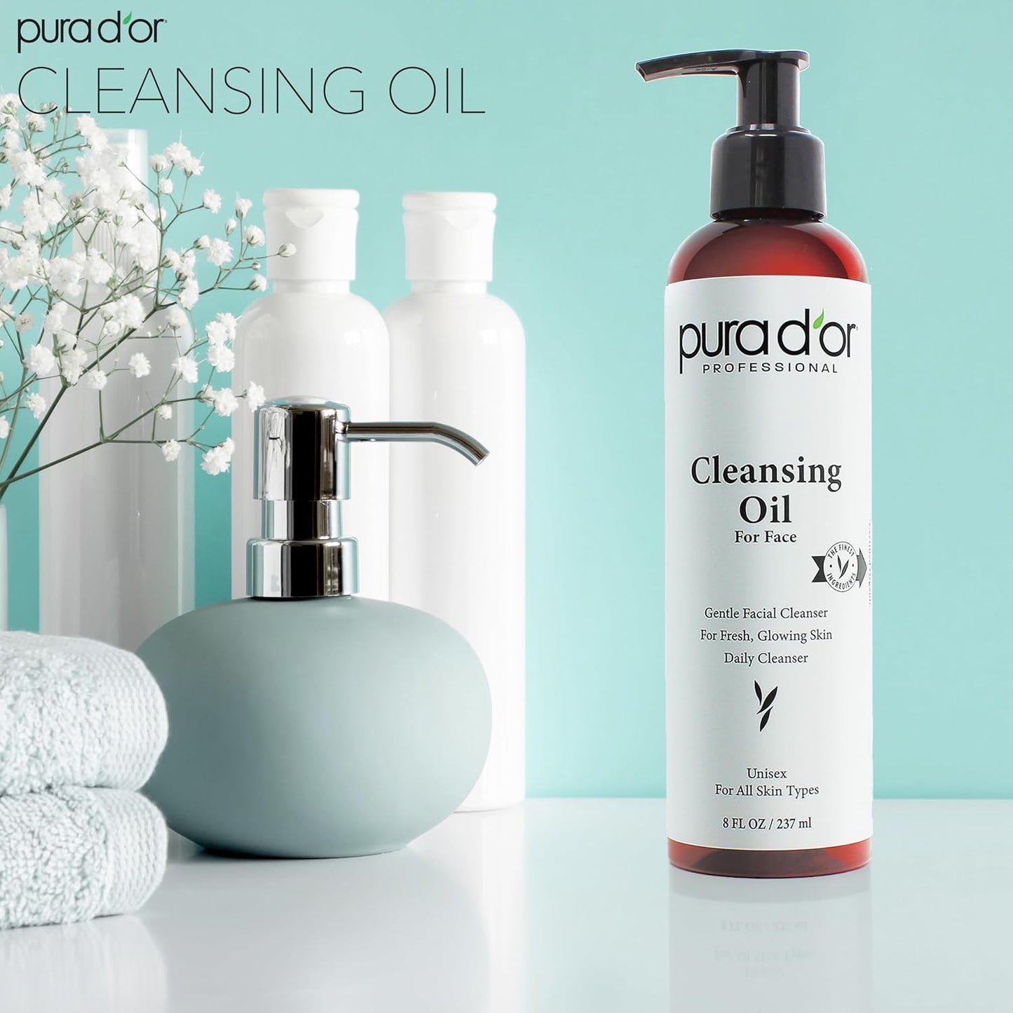 PURA D'OR 8 Oz Facial Cleansing Oil - Nourishing Botanical Blend with & Vitamin, Jojoba and Sunflower Oil - Gentle Makeup Remover & Deep Cleanser For Healthy, Glowing Skin - Paraben-Free Beauty