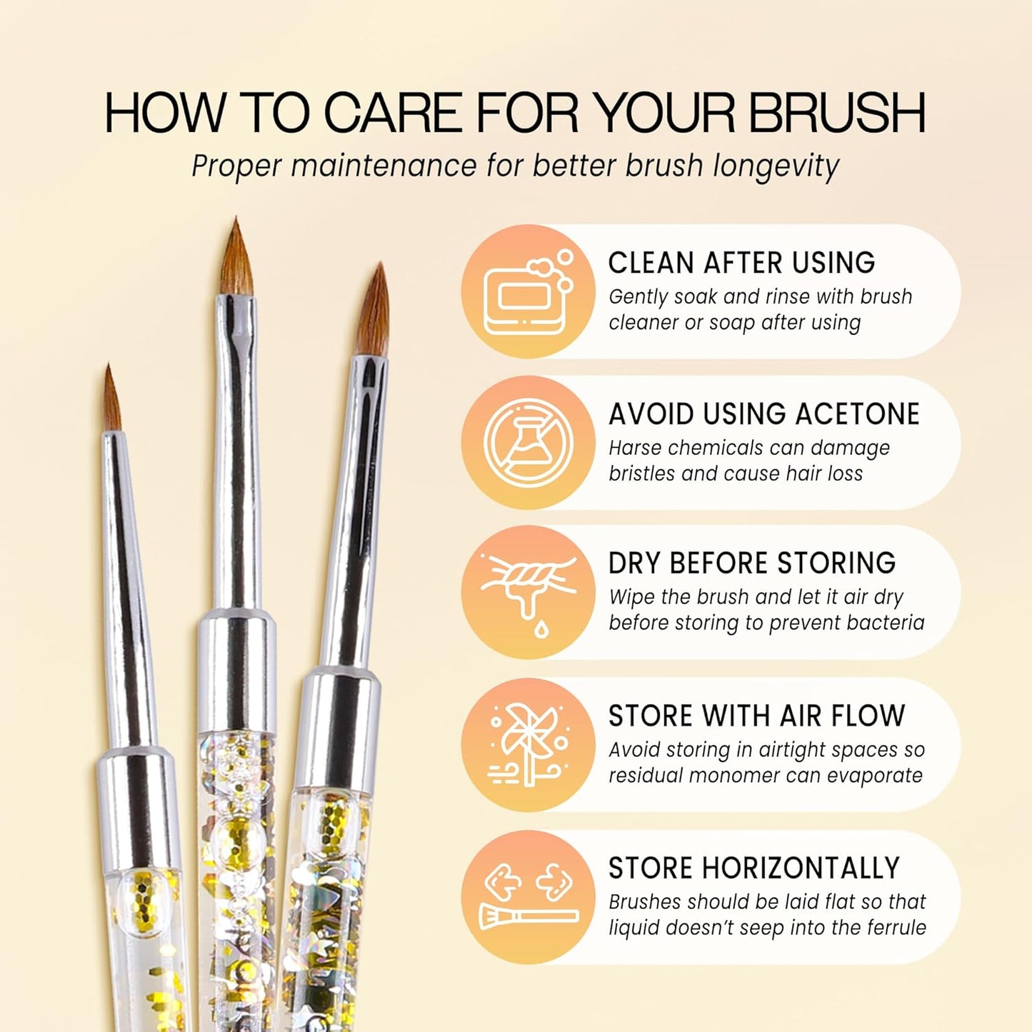 PANA Kolinsky 3D Acrylic Nail Brushes with Liquid Glitter Handle - For Professional Acrylic Powder Liquid Manicure Pedicure (Gold Color, Size #5)