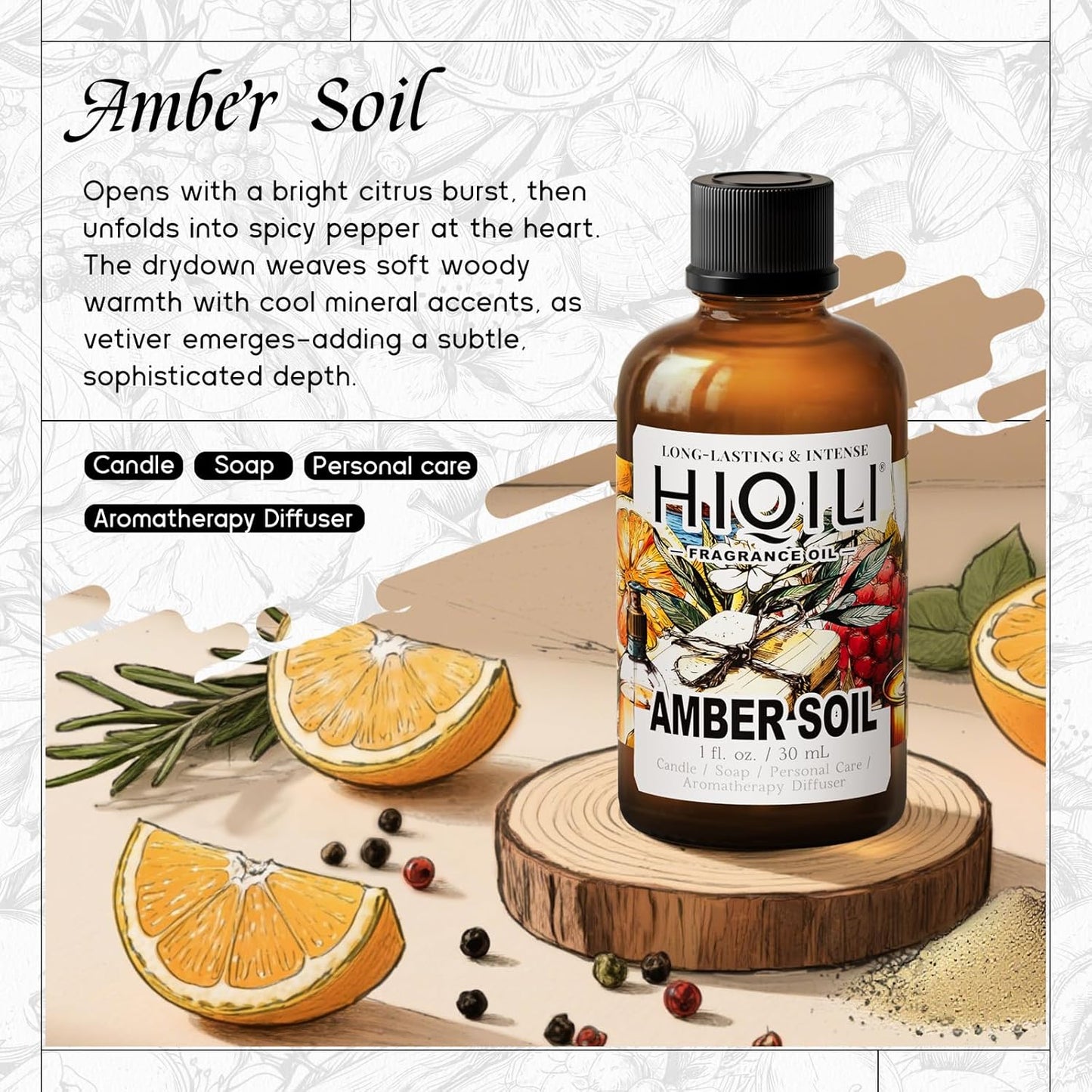HIQILI Amber Soil Fragrance Oil for Diffuser, Inspired by H.er-mes T.erred' H, Perfume & Hair Perfume Mist Making - Citrus, Pepper & Woody Notes, Long-Lasting Scent - 1 Fl Oz