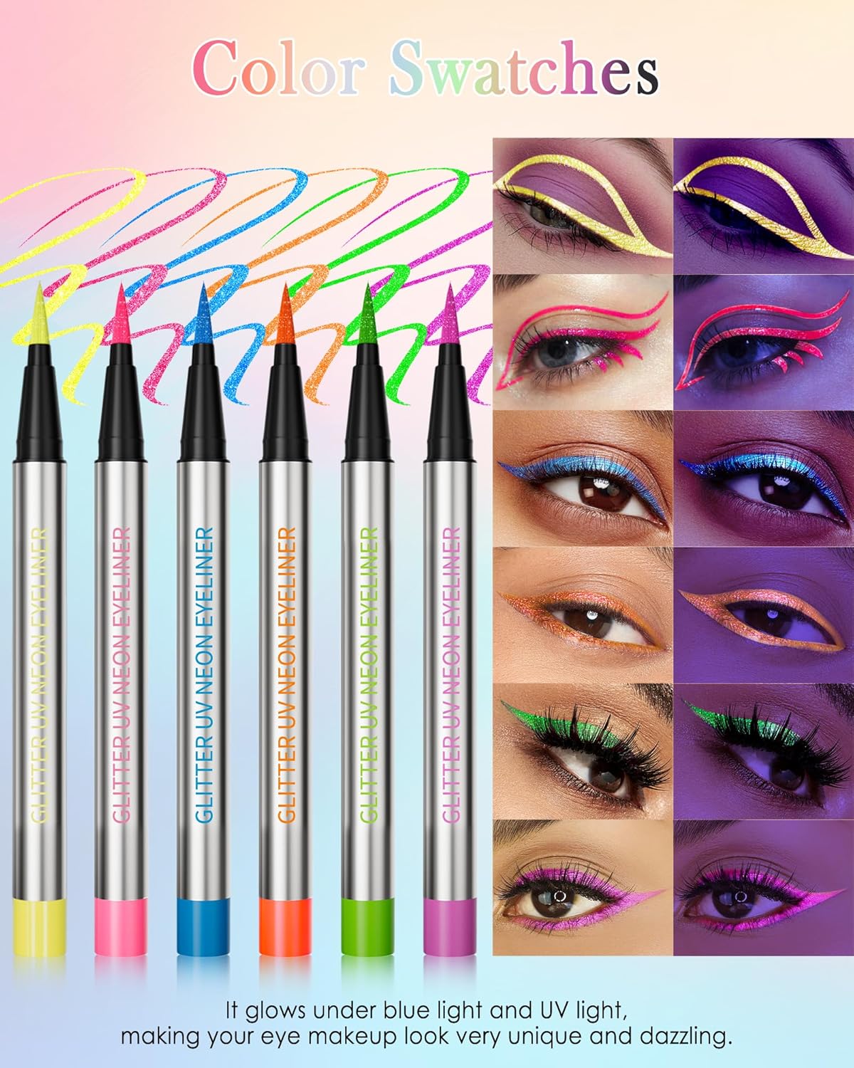 Glitter UV Neon Eyeliner Pencil, Waterproof Smudge-Proof Pink Eye Liner Liquid Pen, High-Pigment Shimmer Eyeliner Pen Long-Lasting Colorful Professional Makeup, Halloween Rave Party Gift for Women-02
