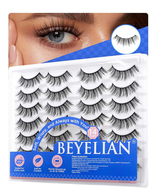 BEYELIAN 14 Pairs False Eyelashes Natural Look D Curl 9-15MM Doll Eye Fake Lashes, Soft and Lightweight Faux Mink Lashes, Reusable, Easy to Apply (14P-HSCS-01)