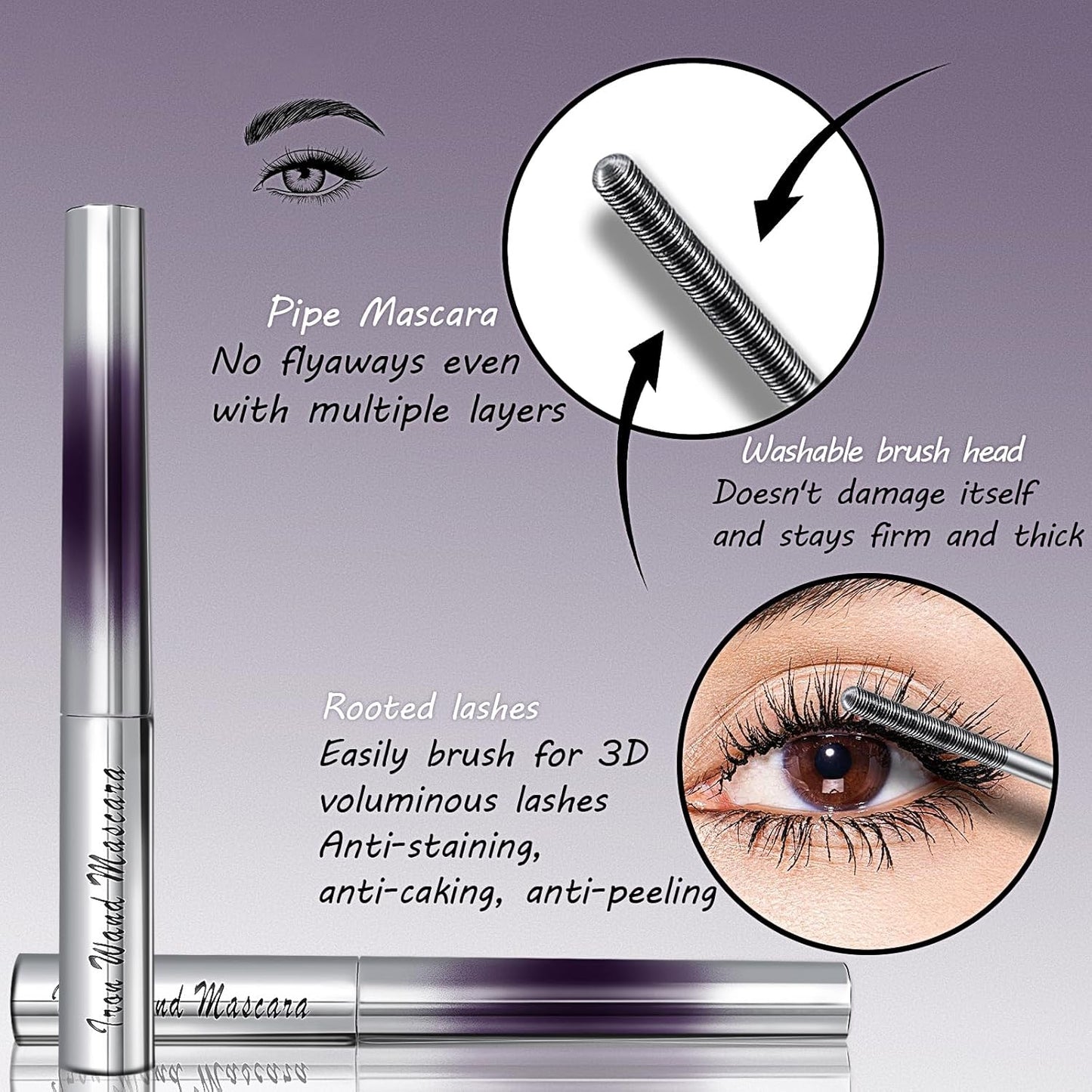 Iron Wand Mascara, Metal Mascara Wand, Black Washable Metal wand mascara, 3d Curling Eyelash, Added Fiber, Waterproof Natural Length Slim Volume Building