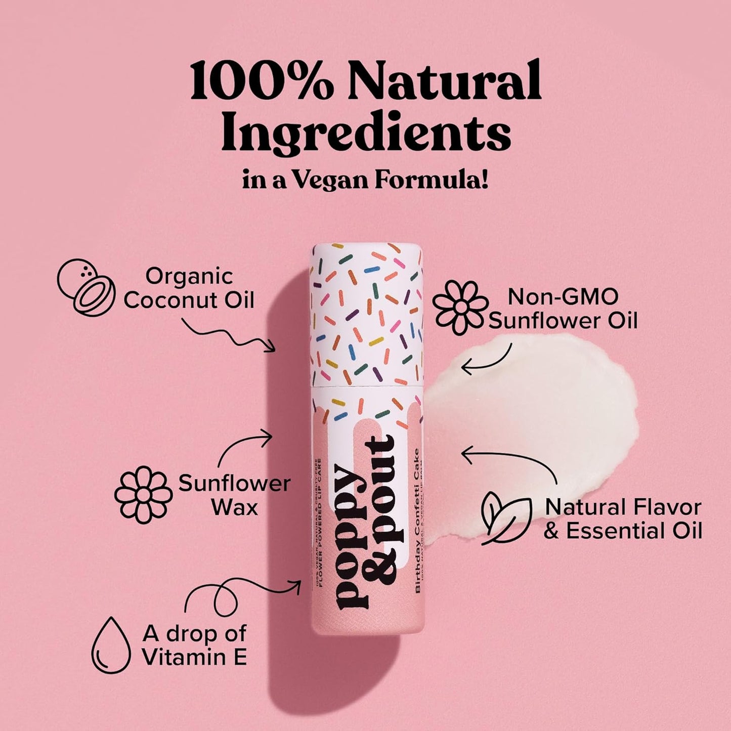 Poppy & Pout Birthday Cake Jumbo Lip Balm | All Natural Lip Balms & Moisturizers | Hydrates with Beeswax, Vitamin E, Organic Coconut Oil | Cruelty-Free | Lip Balm in Recyclable Cardboard Tube (Pink)